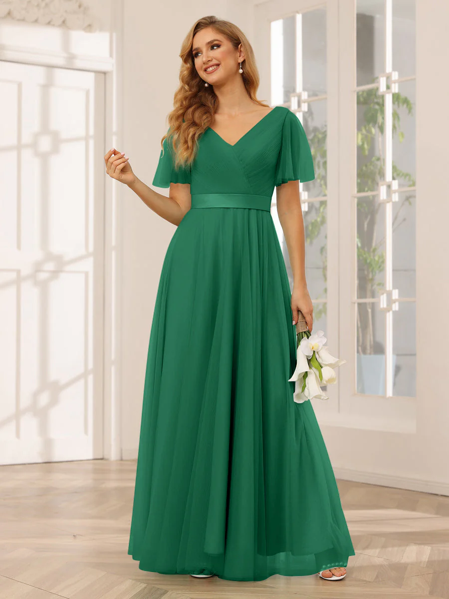 A-Line/Princess Tulle Long Bridesmaid Dresses with Sleeves - Image 67