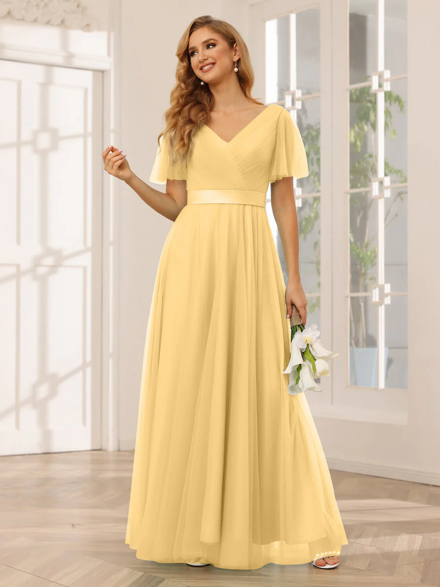A-Line/Princess Tulle Long Bridesmaid Dresses with Sleeves - Image 70