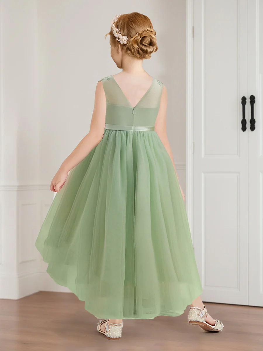 A-Line/Princess Tulle Sleeveless Floor-Length Flower Girl Dresses with Applique & Sash - Image 2