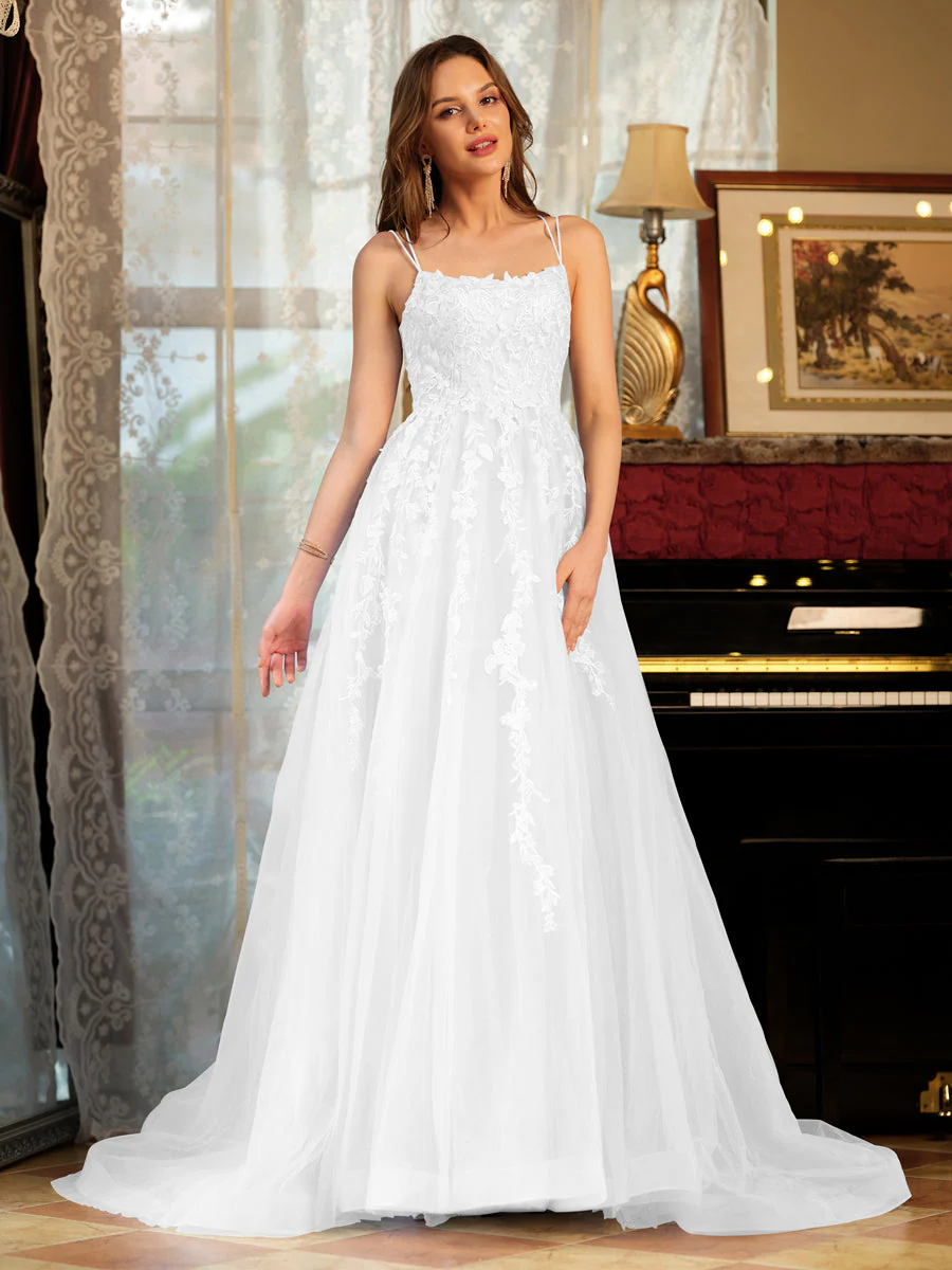 A-Line/Princess Tulle Spaghetti Straps Applique Long Prom Dresses - Image 19