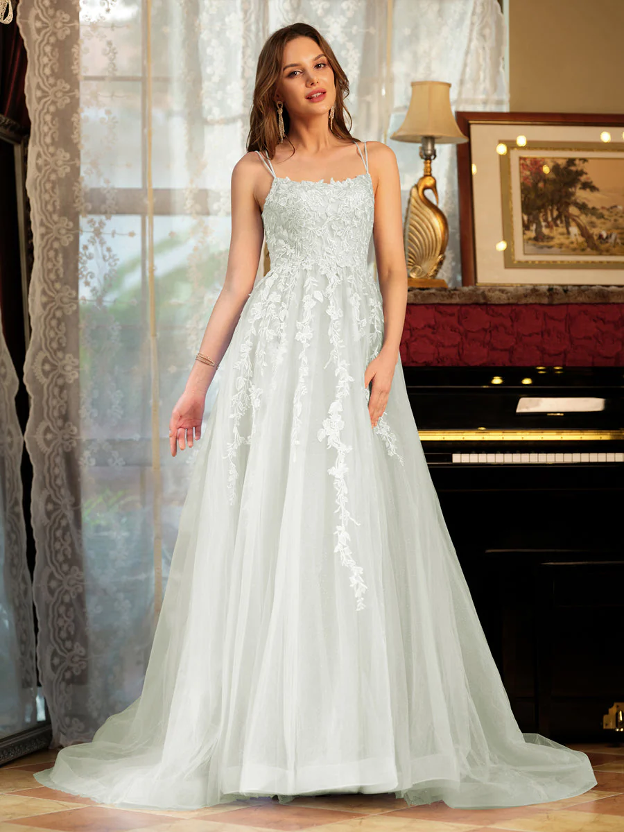 A-Line/Princess Tulle Spaghetti Straps Applique Long Prom Dresses - Image 22