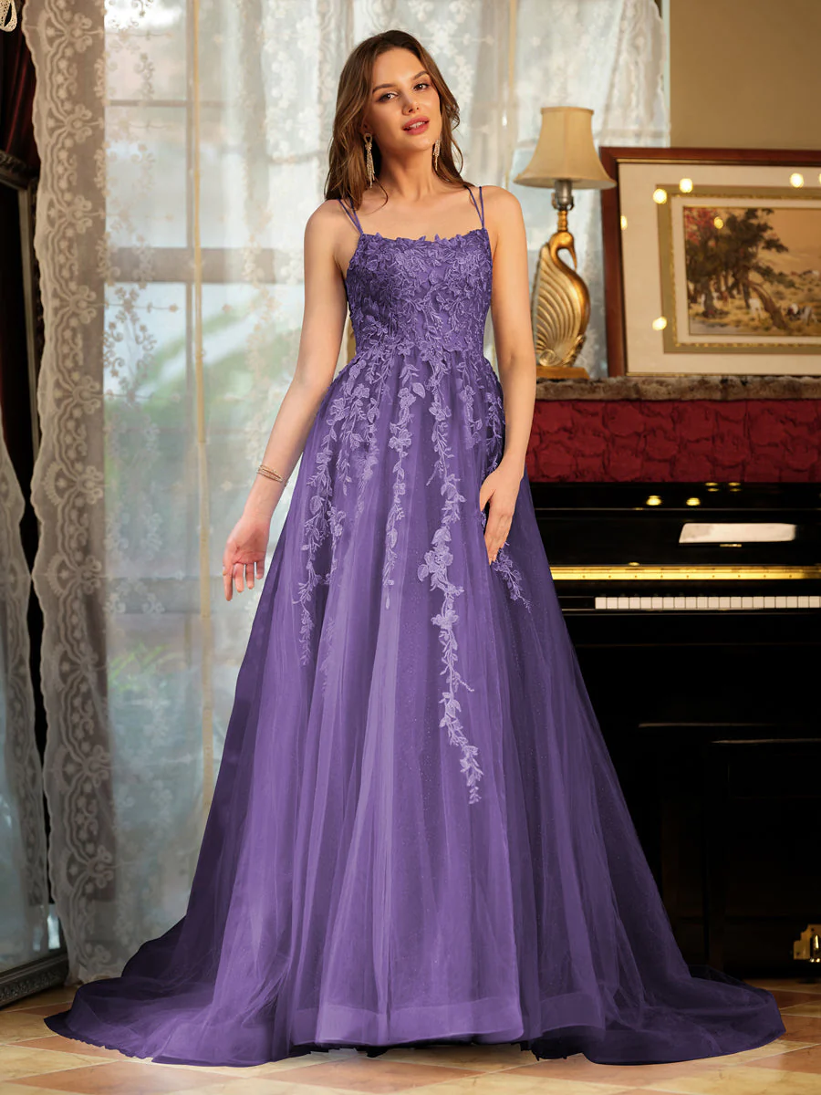 A-Line/Princess Tulle Spaghetti Straps Applique Long Prom Dresses - Image 42
