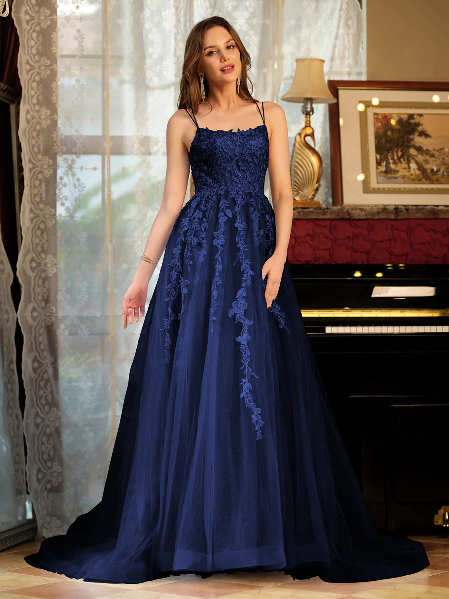A-Line/Princess Tulle Spaghetti Straps Applique Long Prom Dresses - Image 58