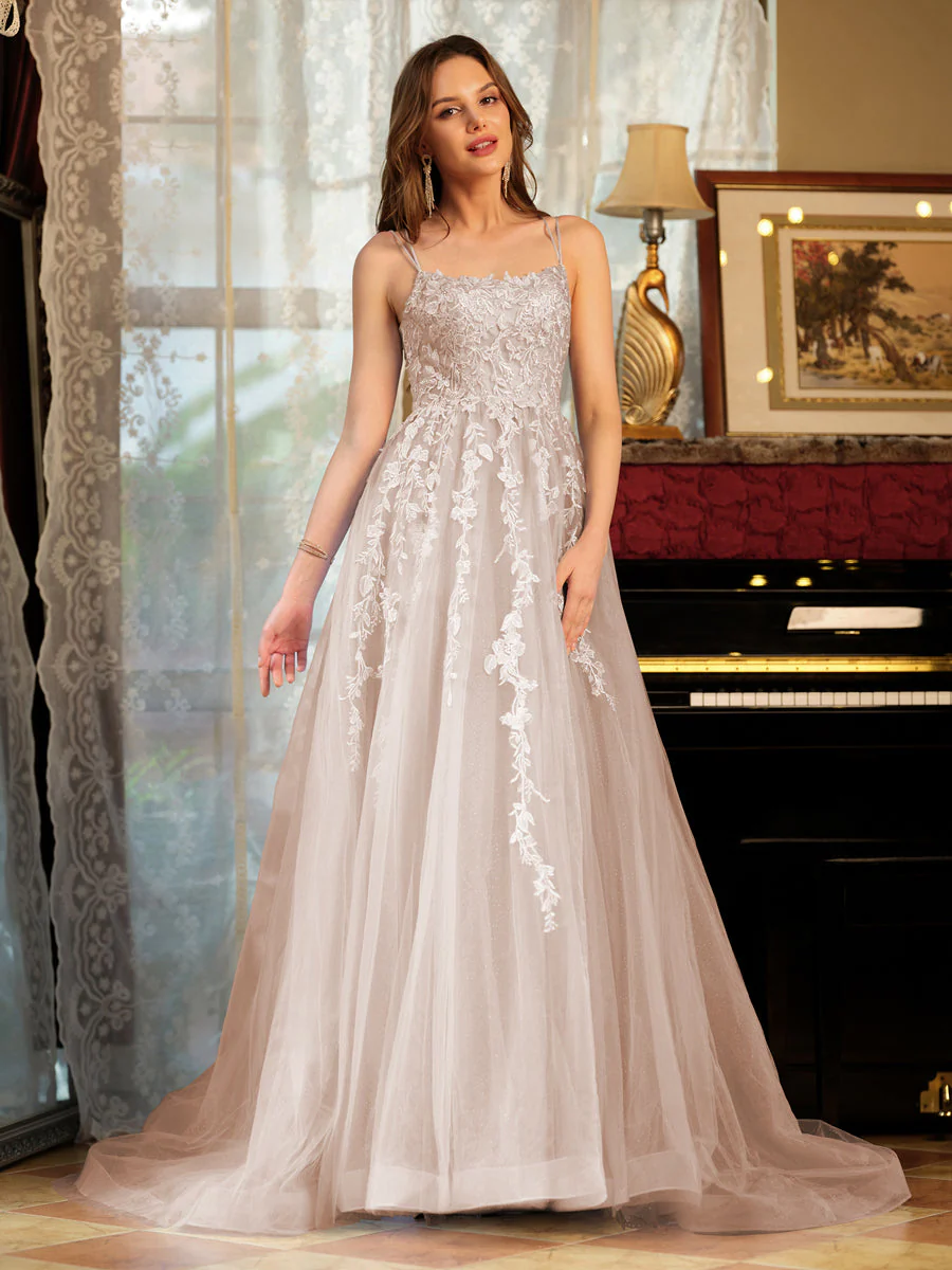 A-Line/Princess Tulle Spaghetti Straps Applique Long Prom Dresses - Image 7