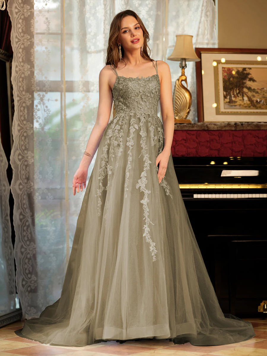 A-Line/Princess Tulle Spaghetti Straps Applique Long Prom Dresses - Image 72