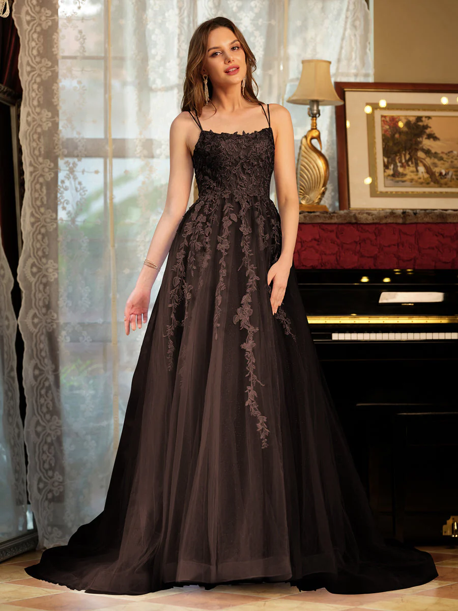 A-Line/Princess Tulle Spaghetti Straps Applique Long Prom Dresses - Image 75