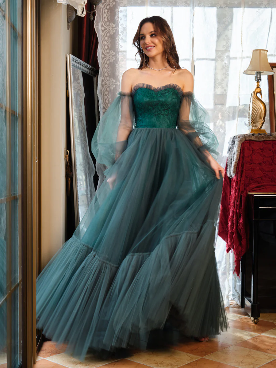 A-Line/Princess Tulle Sweetheart Long Prom Dresses - Image 5