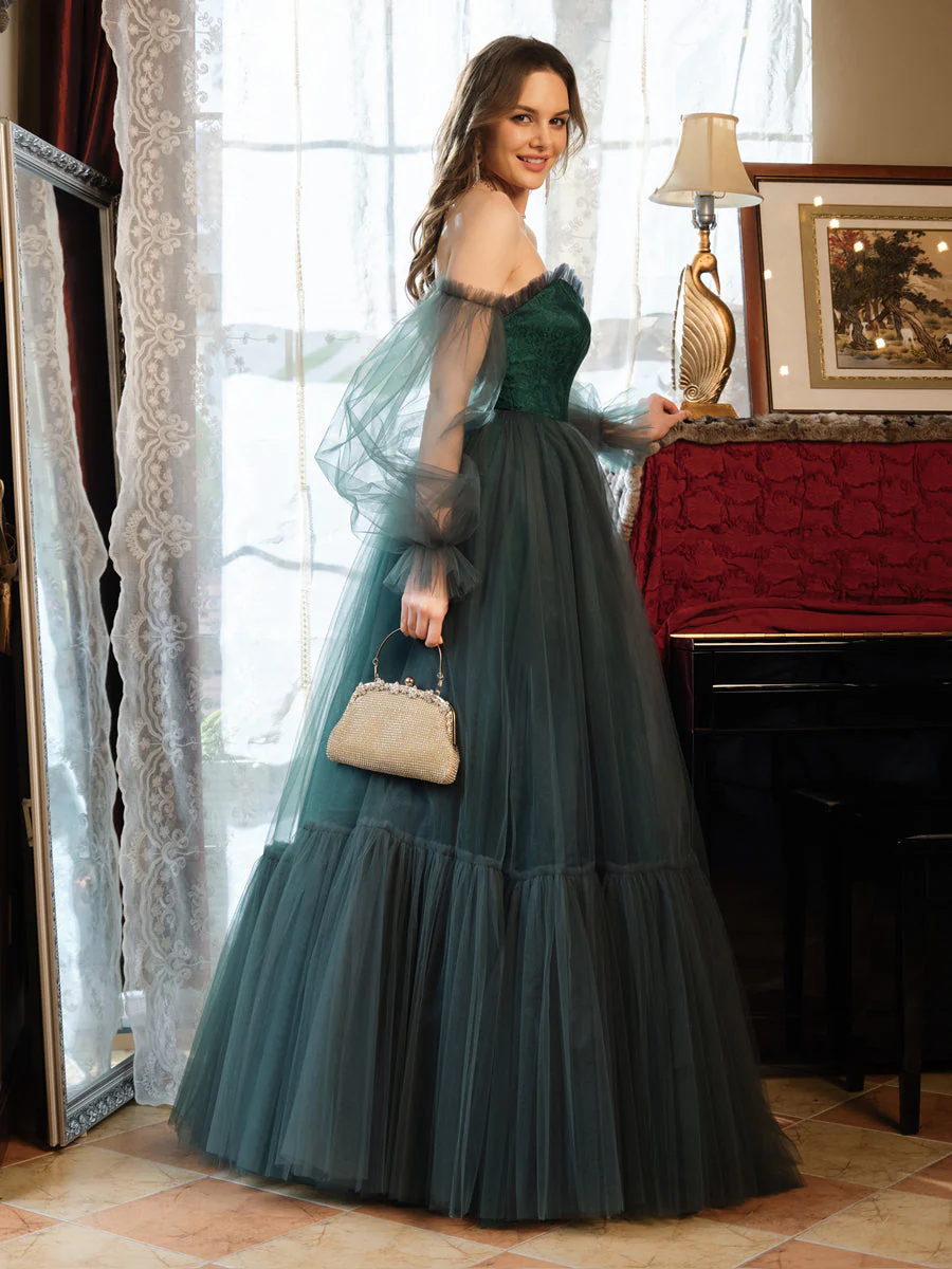 A-Line/Princess Tulle Sweetheart Long Prom Dresses - Image 6