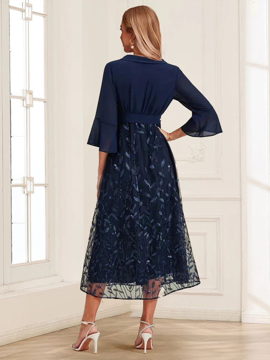 A-Line/Princess V-Neck 3/4 Flared Sleeves Tea-Length Mother of the Bride Dresses with Sequins Mesh - Image 2