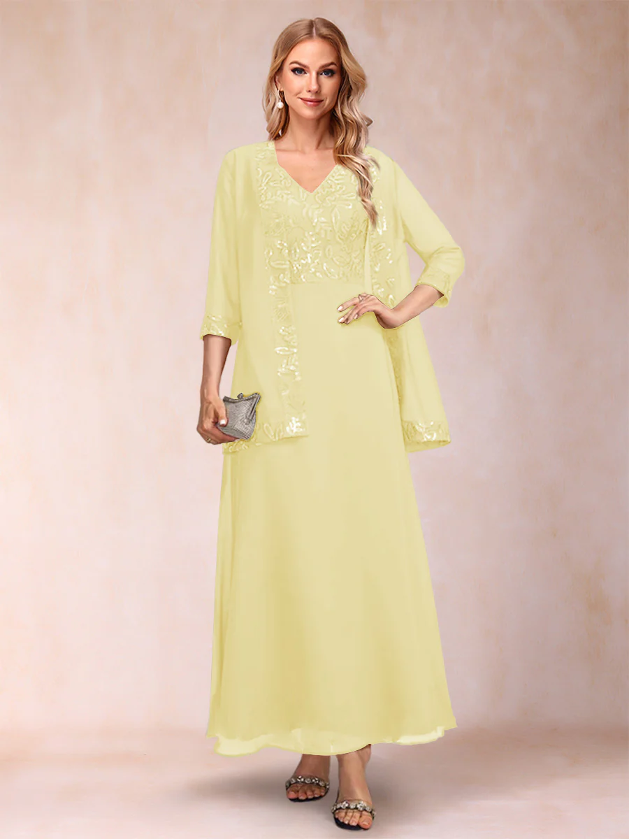 A-Line/Princess V-Neck 3/4 Sleeves 2 Pieces Mother of the Bride Dress with Sequins & Jacket - Image 11