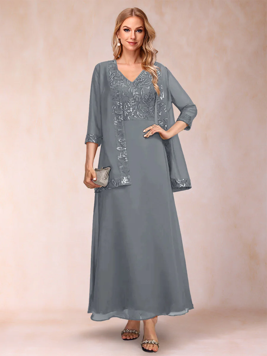 A-Line/Princess V-Neck 3/4 Sleeves 2 Pieces Mother of the Bride Dress with Sequins & Jacket - Image 22