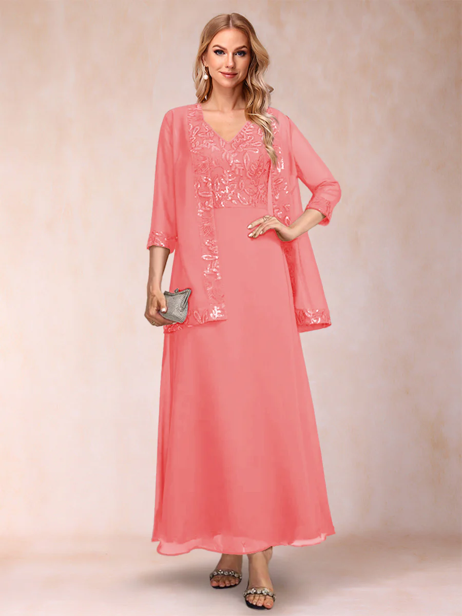 A-Line/Princess V-Neck 3/4 Sleeves 2 Pieces Mother of the Bride Dress with Sequins & Jacket - Image 41