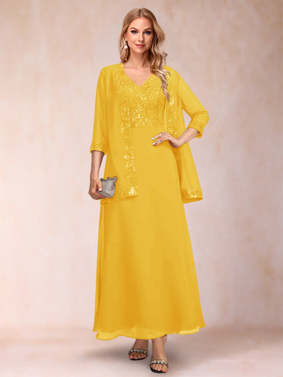 A-Line/Princess V-Neck 3/4 Sleeves 2 Pieces Mother of the Bride Dress with Sequins & Jacket - Image 49