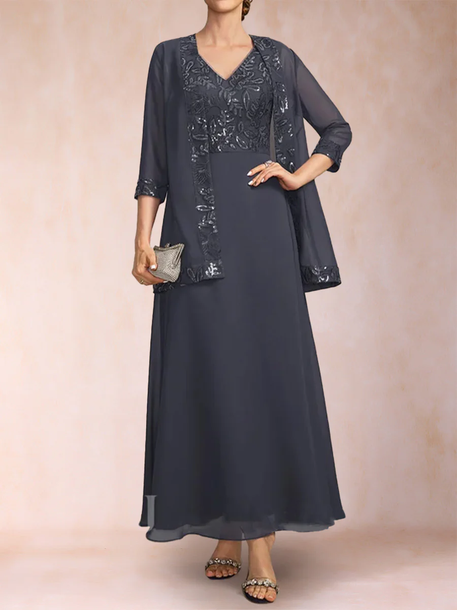 A-Line/Princess V-Neck 3/4 Sleeves 2 Pieces Mother of the Bride Dress with Sequins & Jacket - Image 5