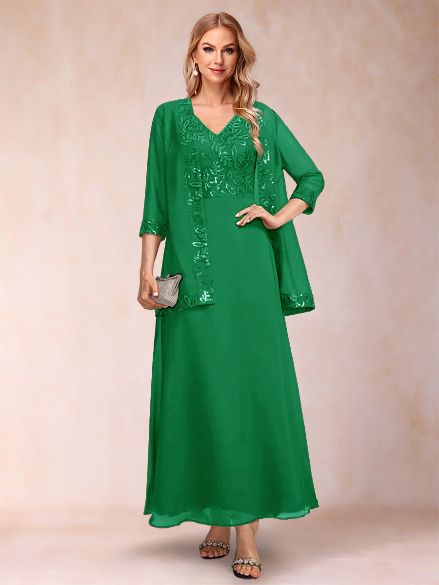 A-Line/Princess V-Neck 3/4 Sleeves 2 Pieces Mother of the Bride Dress with Sequins & Jacket - Image 50