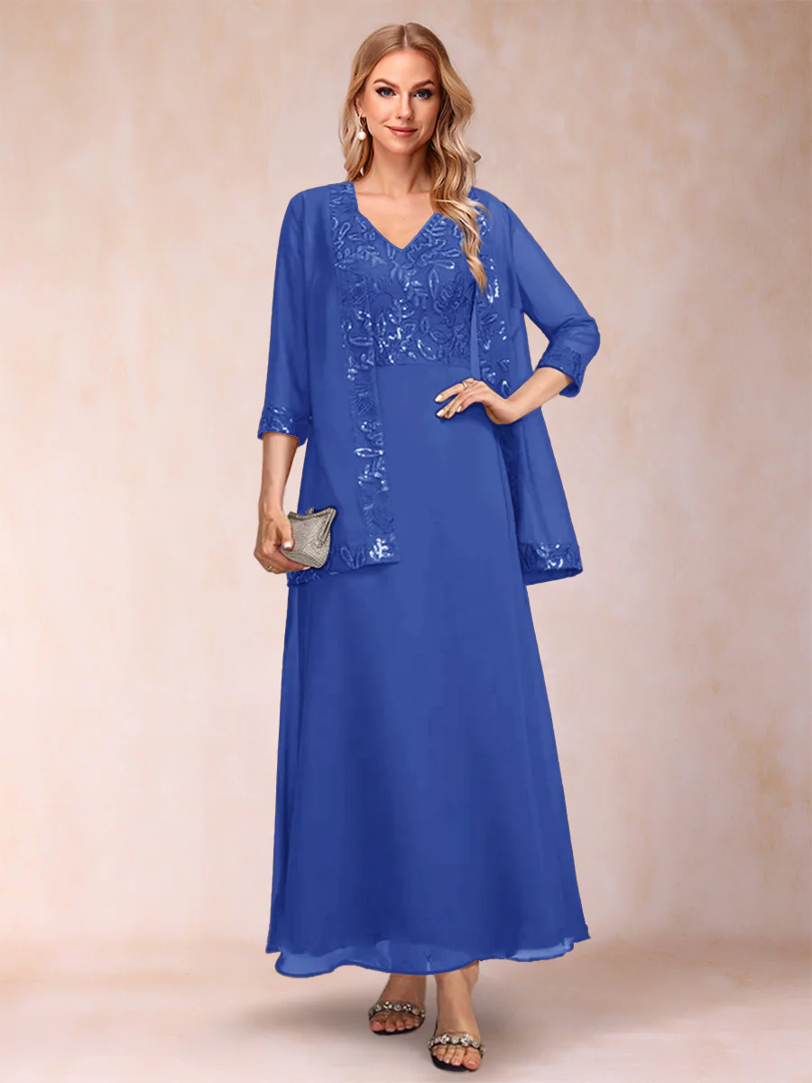 A-Line/Princess V-Neck 3/4 Sleeves 2 Pieces Mother of the Bride Dress with Sequins & Jacket - Image 56