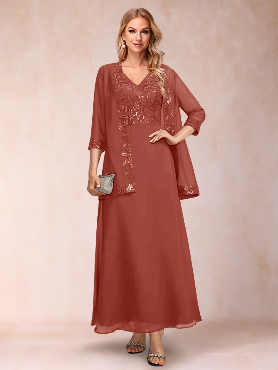 A-Line/Princess V-Neck 3/4 Sleeves 2 Pieces Mother of the Bride Dress with Sequins & Jacket - Image 67