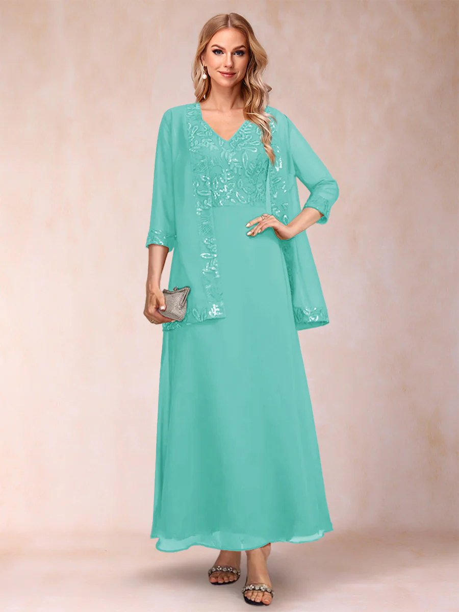A-Line/Princess V-Neck 3/4 Sleeves 2 Pieces Mother of the Bride Dress with Sequins & Jacket - Image 70