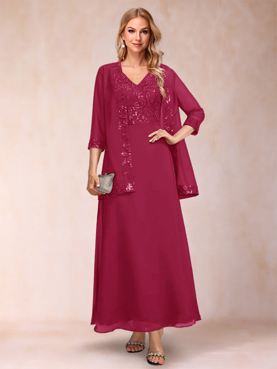 A-Line/Princess V-Neck 3/4 Sleeves 2 Pieces Mother of the Bride Dress with Sequins & Jacket - Image 75