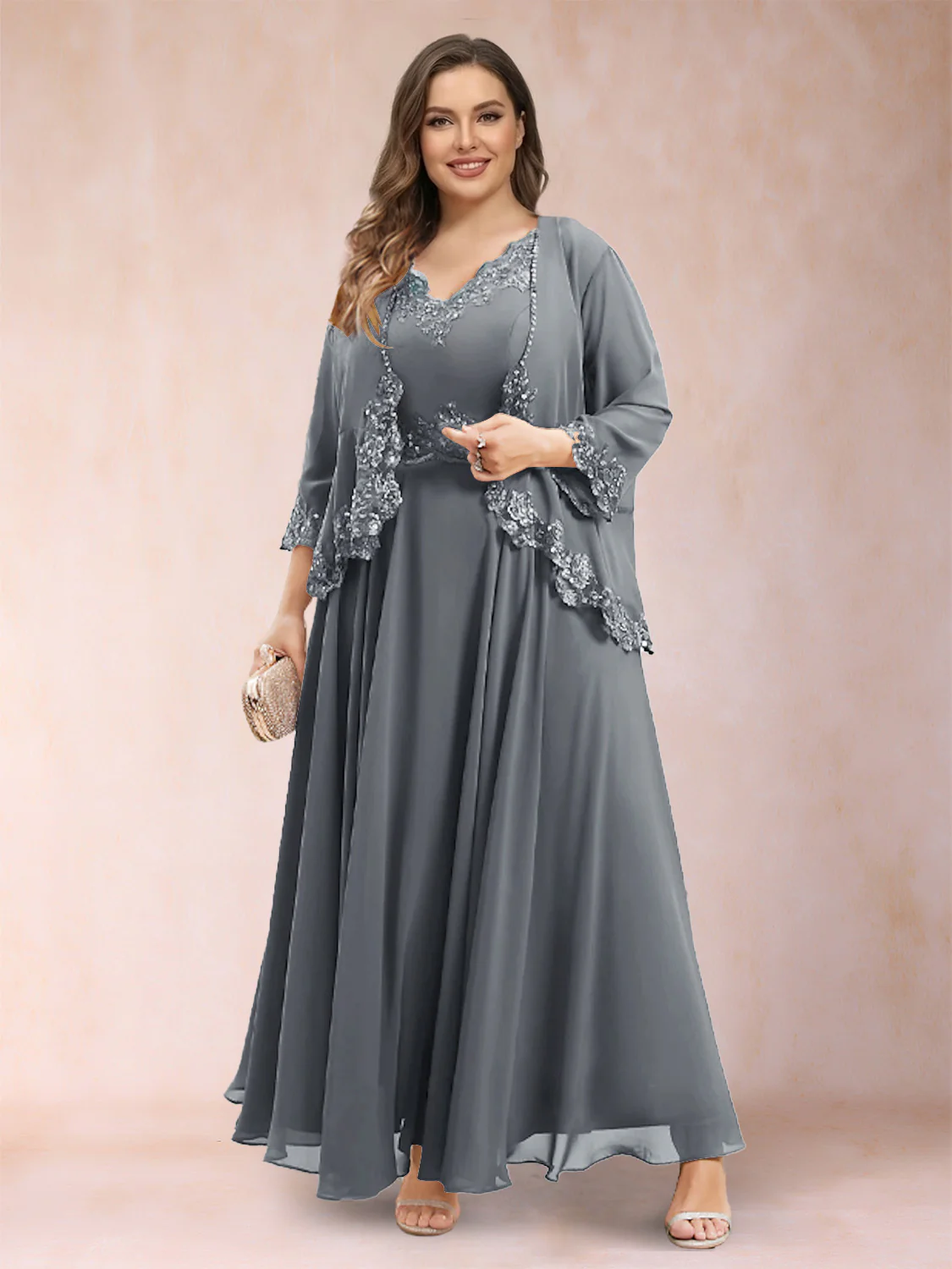 A-Line/Princess V-Neck 3/4 Sleeves 2 Pieces Plus Size Mother of the Bride Dresses with Applique - Image 28
