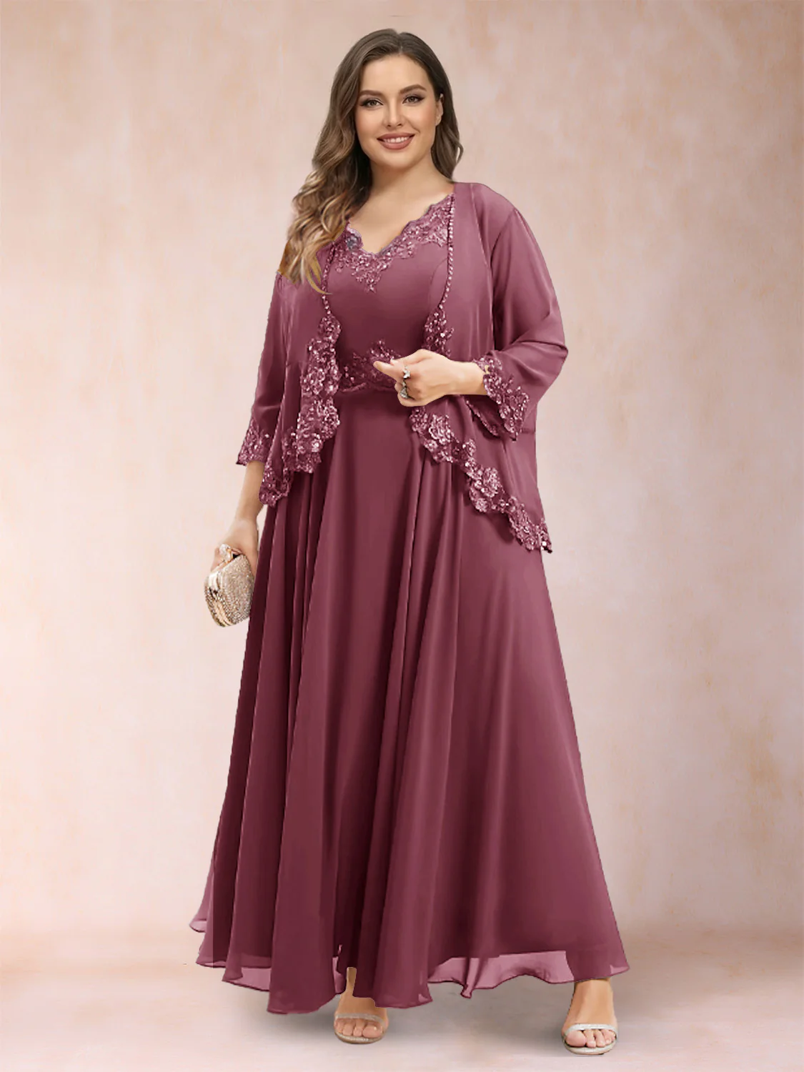 A-Line/Princess V-Neck 3/4 Sleeves 2 Pieces Plus Size Mother of the Bride Dresses with Applique - Image 44