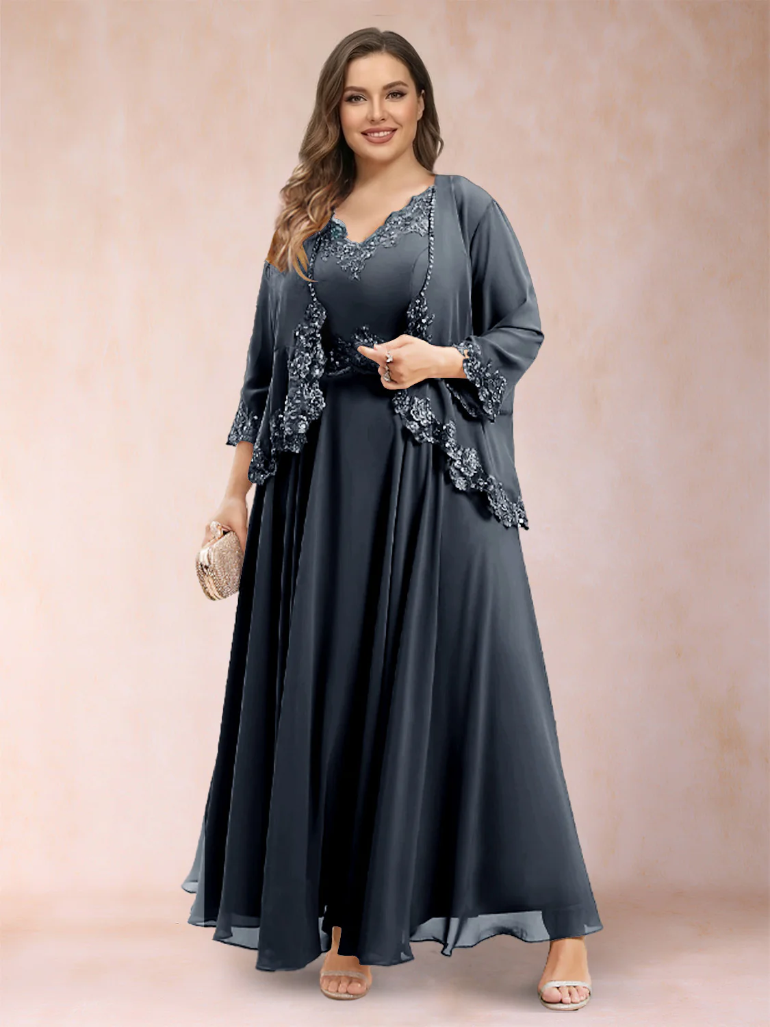 A-Line/Princess V-Neck 3/4 Sleeves 2 Pieces Plus Size Mother of the Bride Dresses with Applique - Image 46