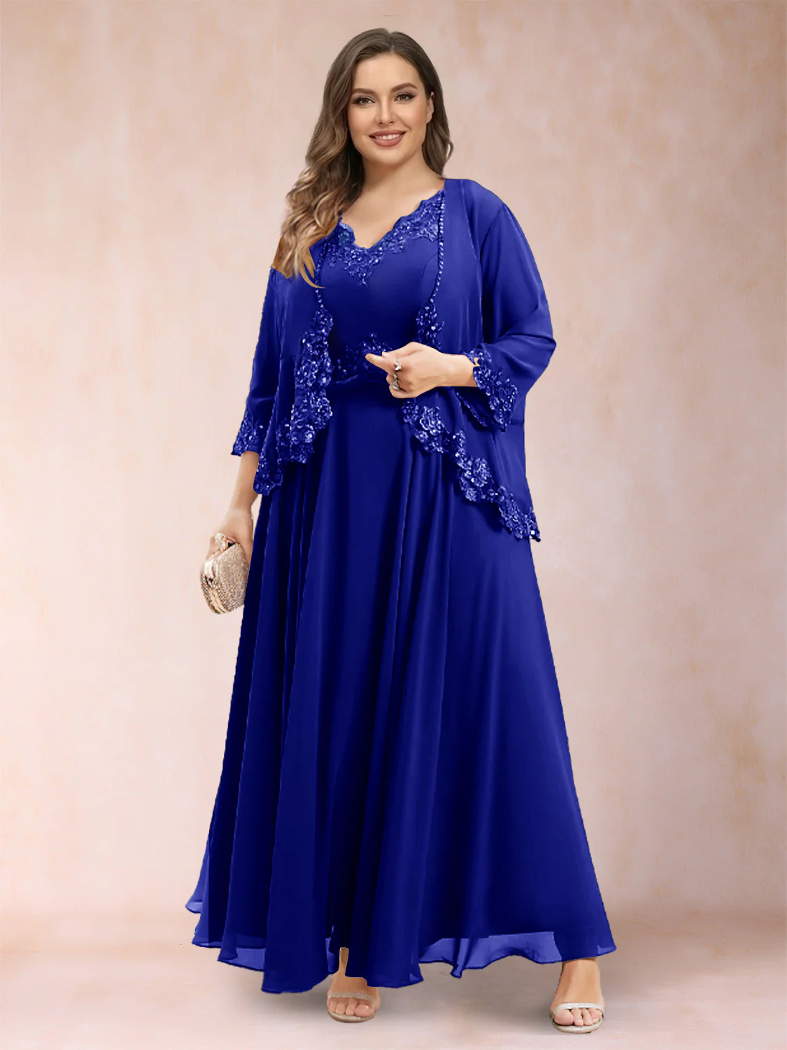 A-Line/Princess V-Neck 3/4 Sleeves 2 Pieces Plus Size Mother of the Bride Dresses with Applique - Image 59