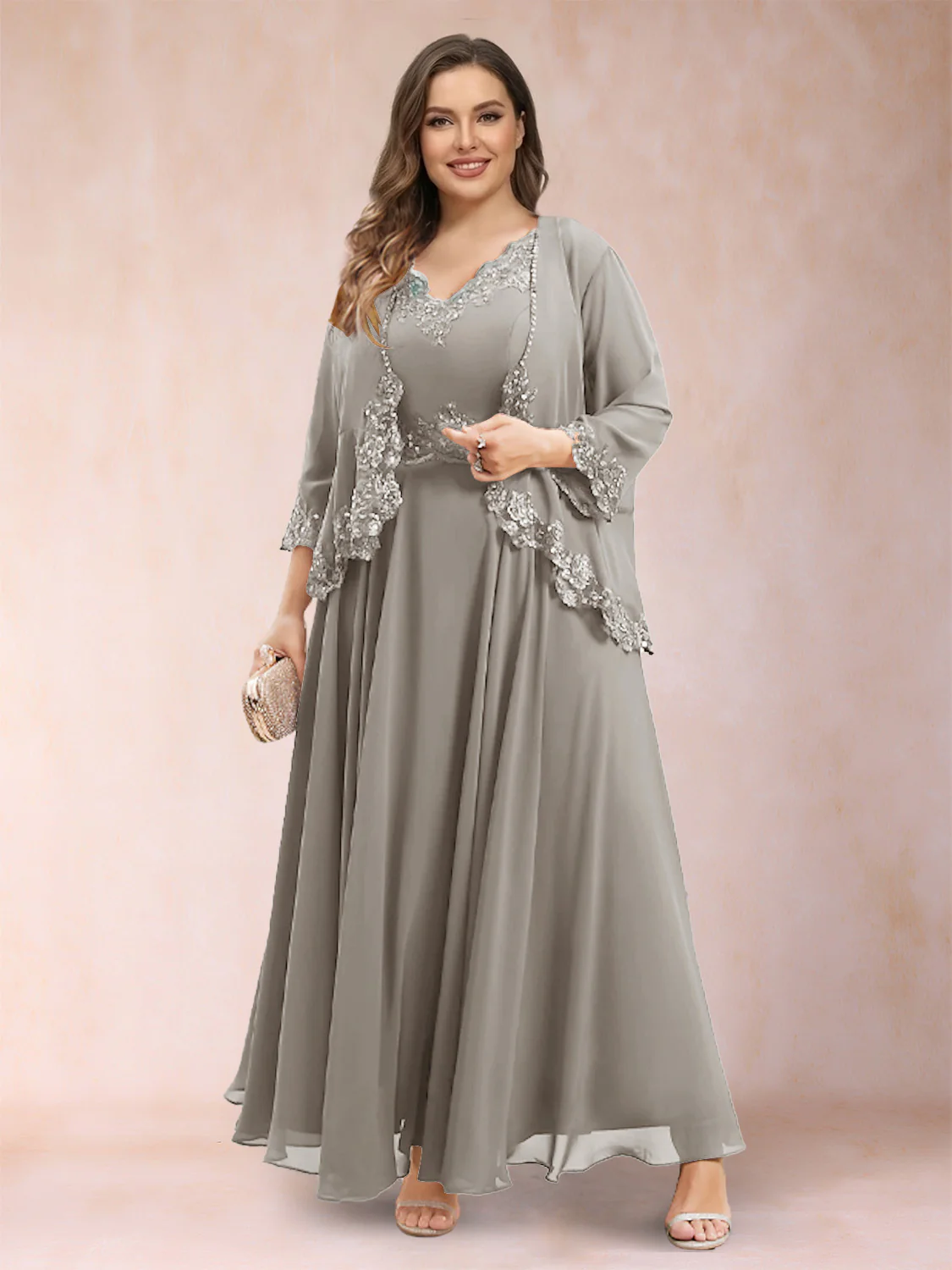 A-Line/Princess V-Neck 3/4 Sleeves 2 Pieces Plus Size Mother of the Bride Dresses with Applique - Image 69