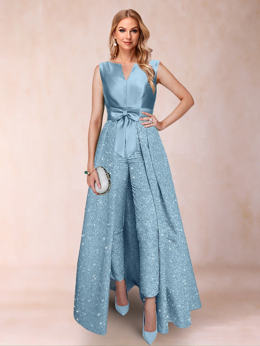 A-Line/Princess V-Neck 3/4 Sleeves 2 Pieces Pantsuits with Bow Knot - Image 2