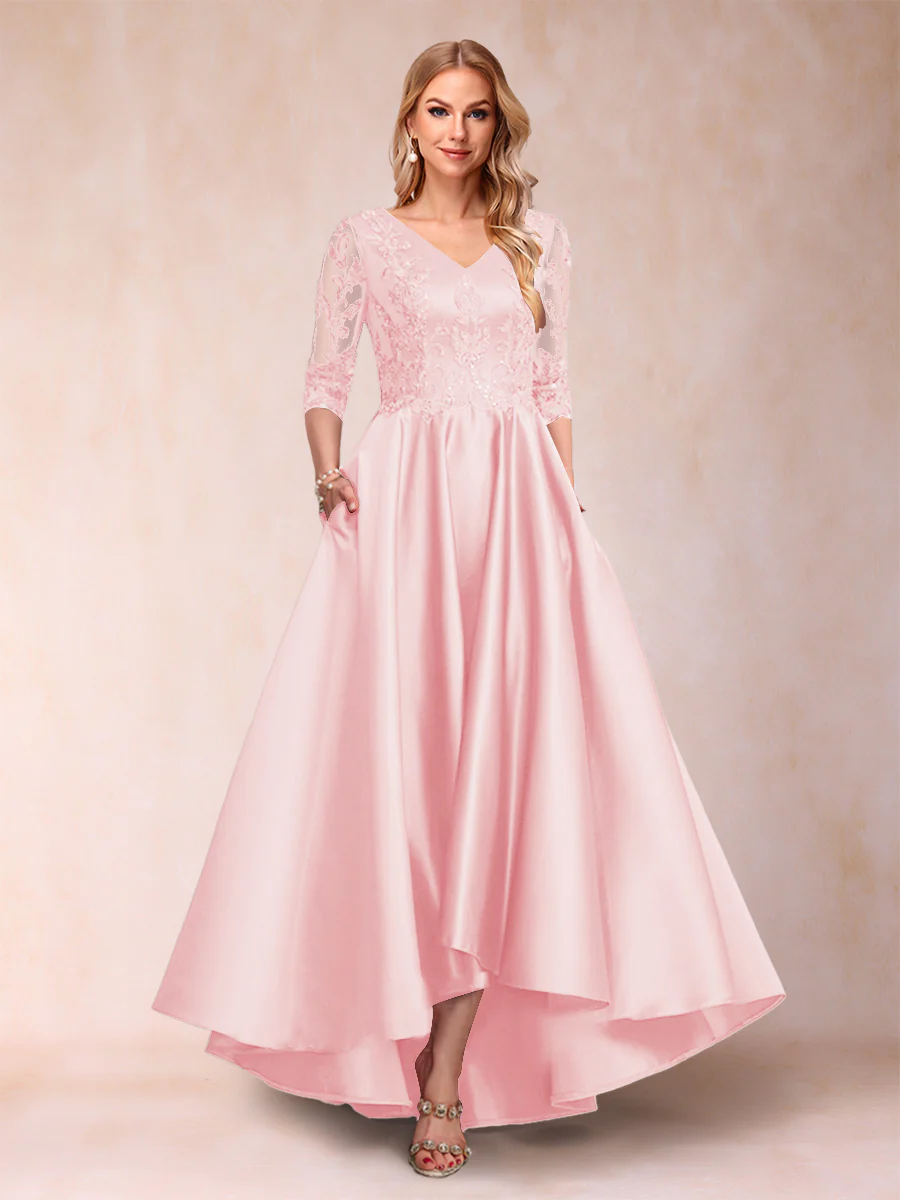 A-Line/Princess V-Neck 3/4 Sleeves Asymmetrical Mother of the Bride Dresses with Appliques - Image 10