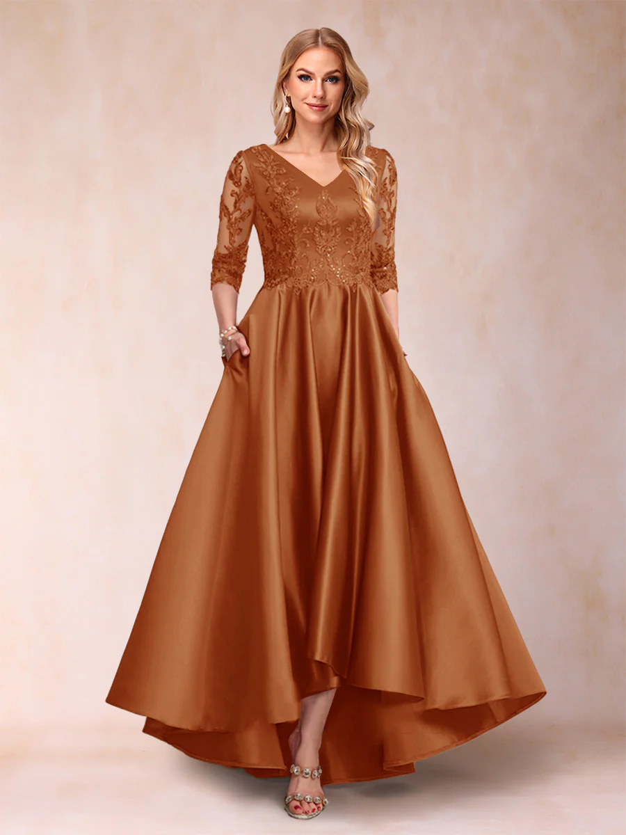 A-Line/Princess V-Neck 3/4 Sleeves Asymmetrical Mother of the Bride Dresses with Appliques - Image 12