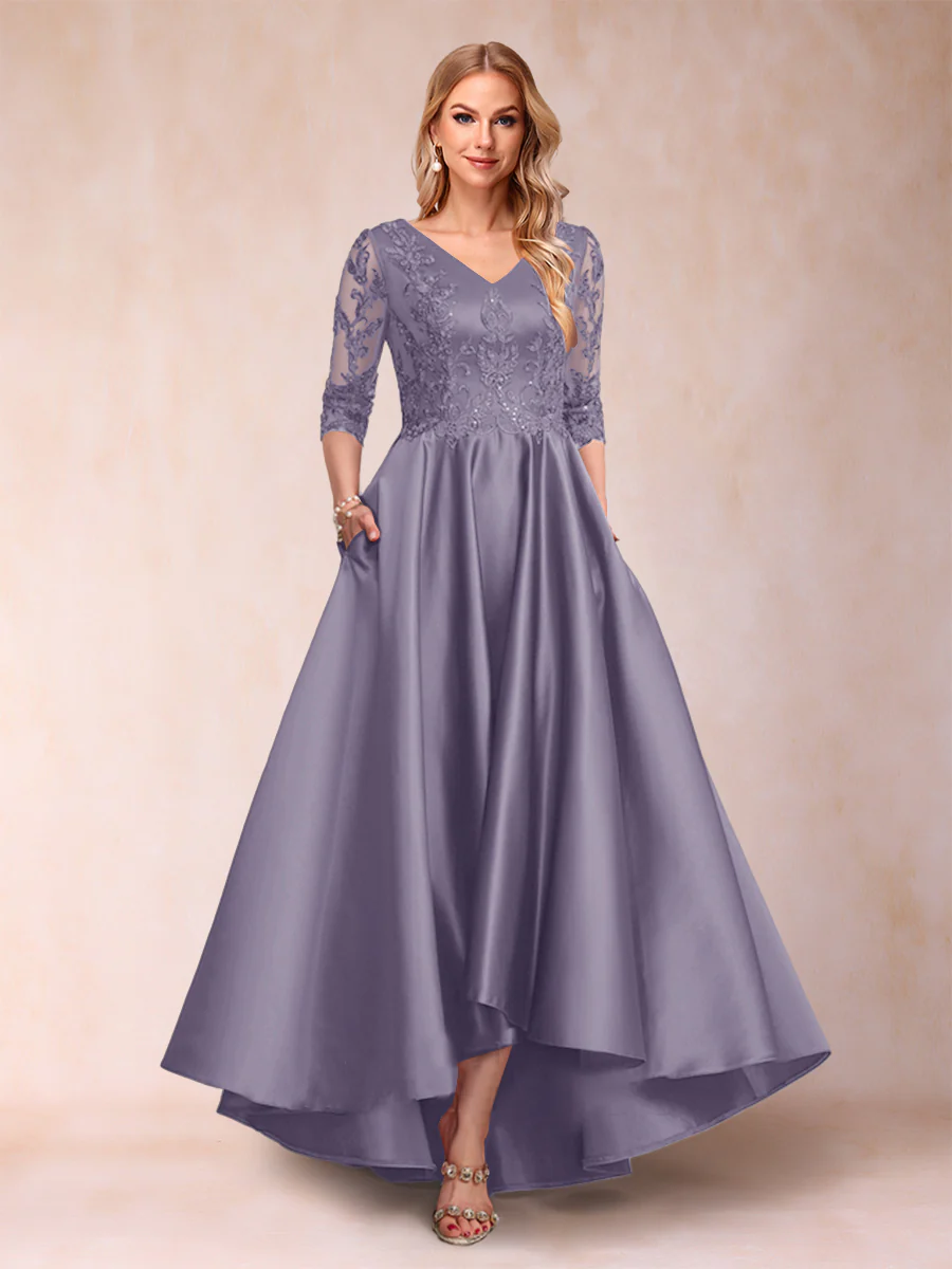 A-Line/Princess V-Neck 3/4 Sleeves Asymmetrical Mother of the Bride Dresses with Appliques - Image 19