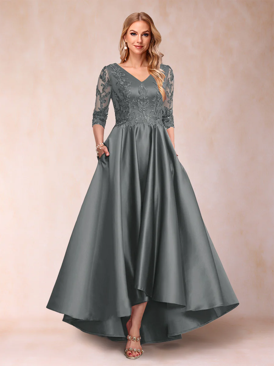 A-Line/Princess V-Neck 3/4 Sleeves Asymmetrical Mother of the Bride Dresses with Appliques - Image 27