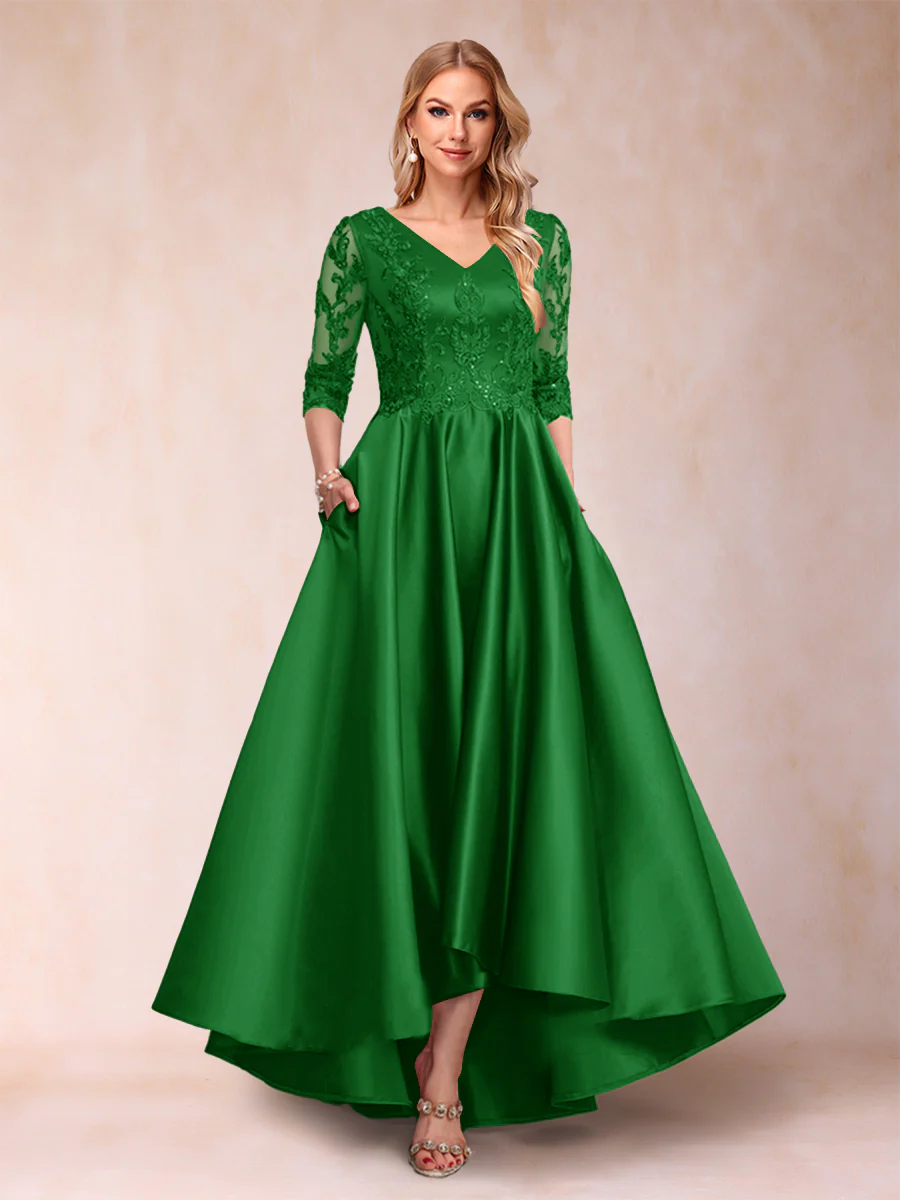 A-Line/Princess V-Neck 3/4 Sleeves Asymmetrical Mother of the Bride Dresses with Appliques - Image 28