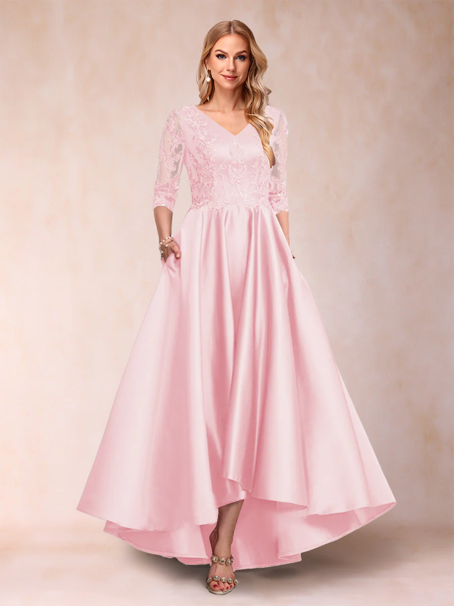 A-Line/Princess V-Neck 3/4 Sleeves Asymmetrical Mother of the Bride Dresses with Appliques - Image 34