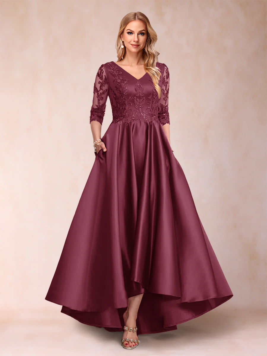 A-Line/Princess V-Neck 3/4 Sleeves Asymmetrical Mother of the Bride Dresses with Appliques - Image 40