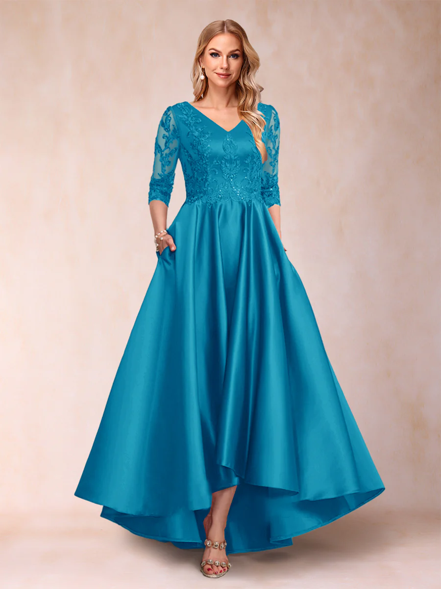 A-Line/Princess V-Neck 3/4 Sleeves Asymmetrical Mother of the Bride Dresses with Appliques - Image 43