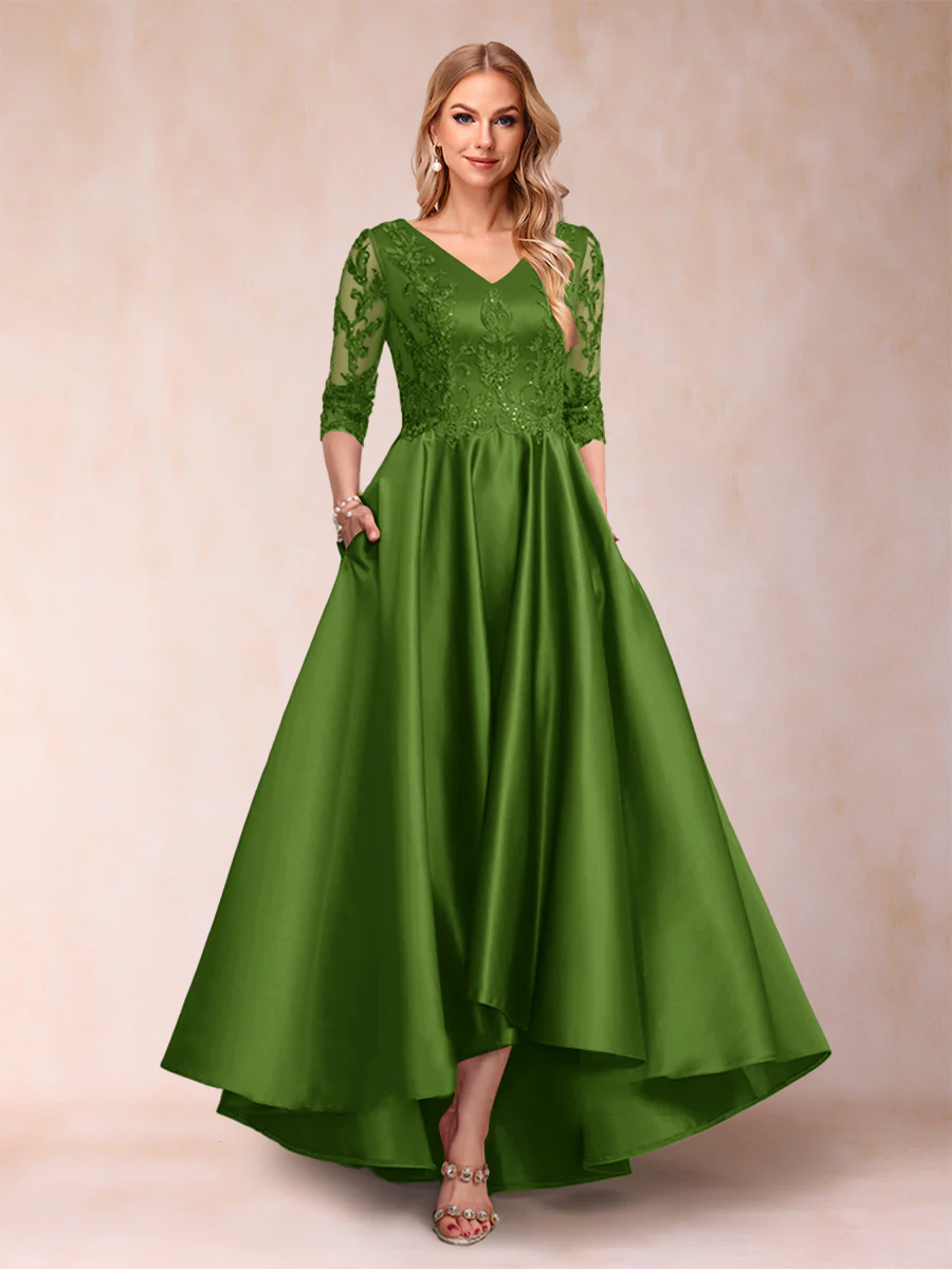 A-Line/Princess V-Neck 3/4 Sleeves Asymmetrical Mother of the Bride Dresses with Appliques - Image 44