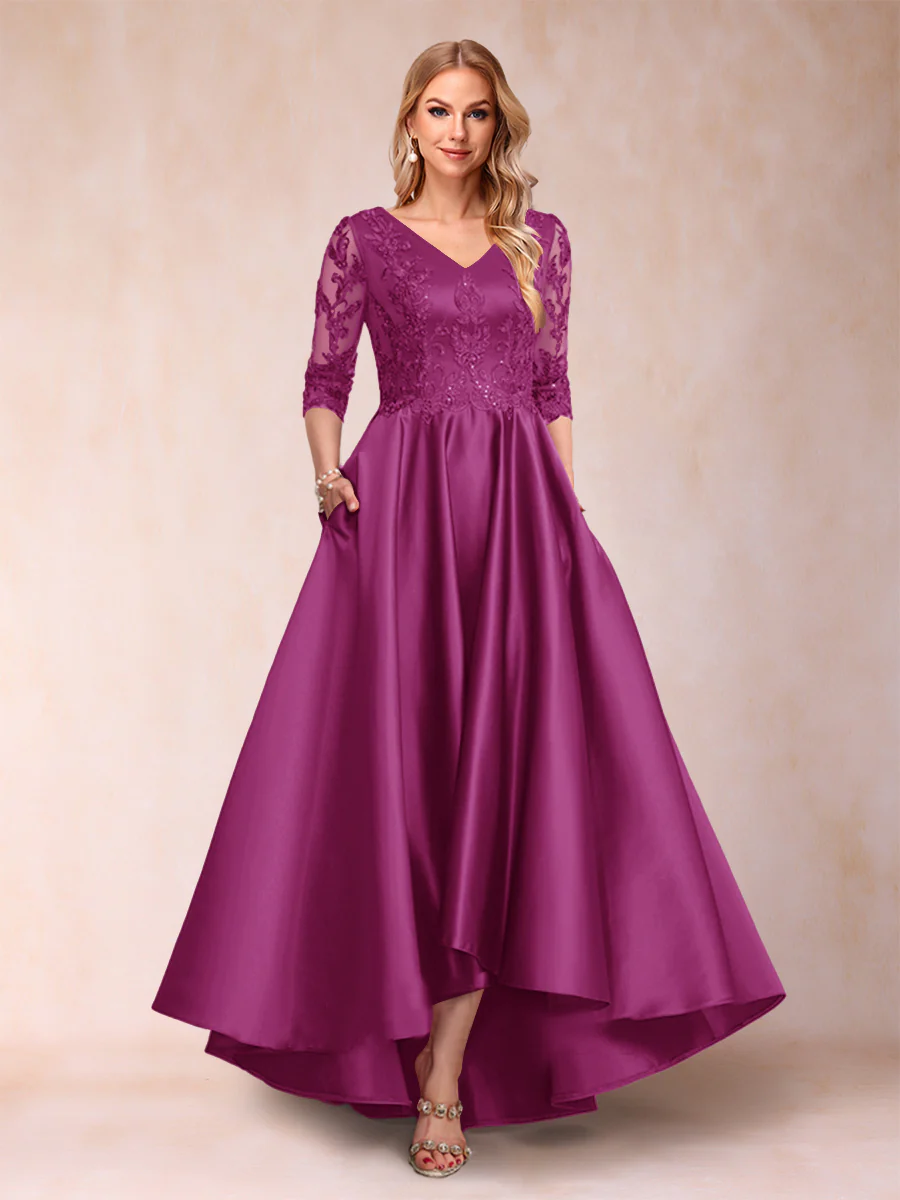 A-Line/Princess V-Neck 3/4 Sleeves Asymmetrical Mother of the Bride Dresses with Appliques - Image 46