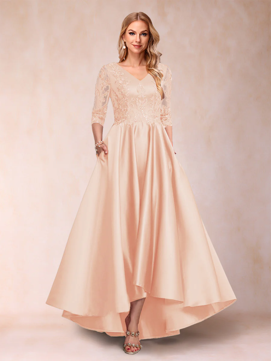A-Line/Princess V-Neck 3/4 Sleeves Asymmetrical Mother of the Bride Dresses with Appliques - Image 47