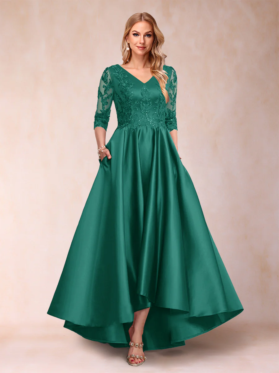 A-Line/Princess V-Neck 3/4 Sleeves Asymmetrical Mother of the Bride Dresses with Appliques - Image 48