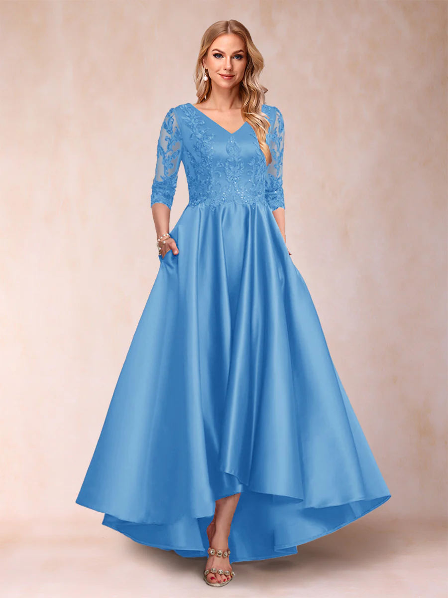 A-Line/Princess V-Neck 3/4 Sleeves Asymmetrical Mother of the Bride Dresses with Appliques - Image 72