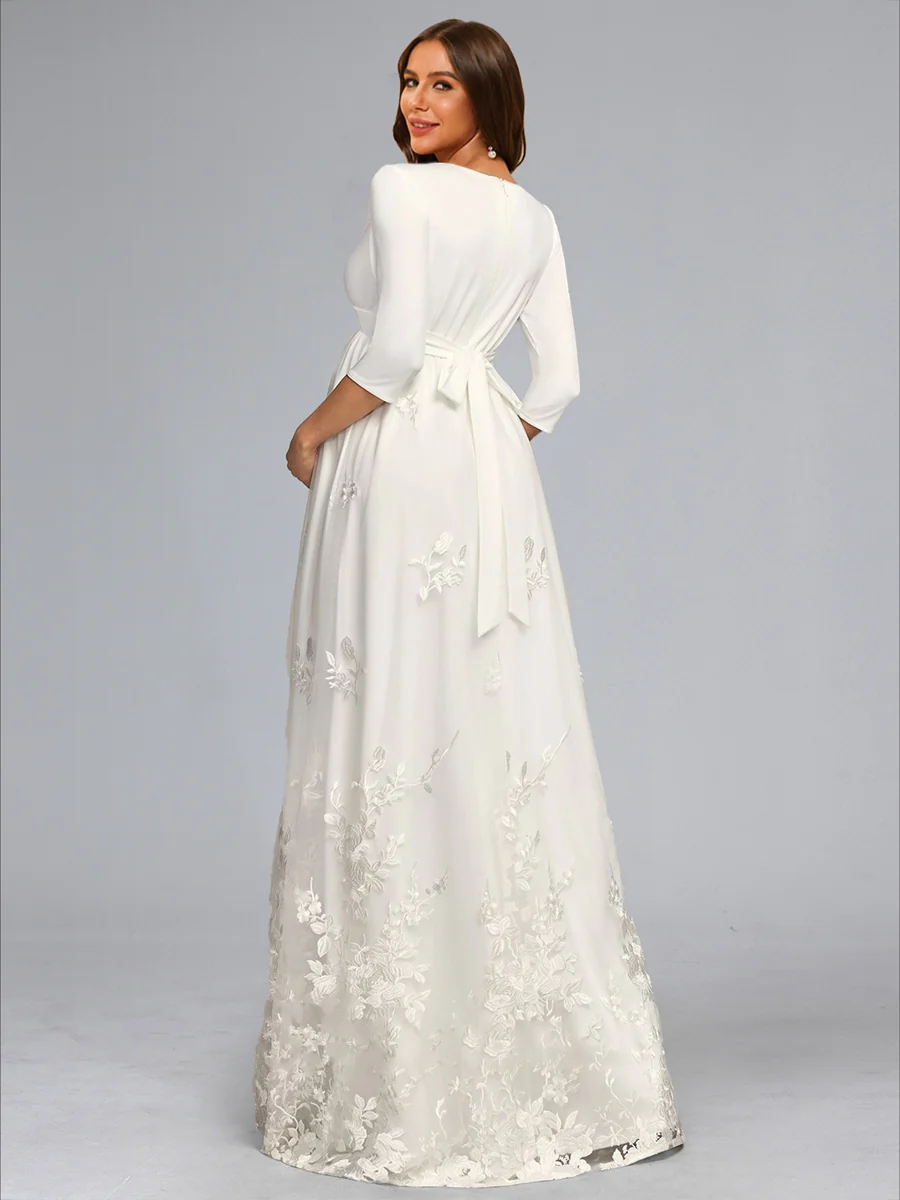 A-Line/Princess V-Neck 3/4 Sleeves Floor-Length Lace Baby Shower Wedding Dresses with Bowknot - Image 2