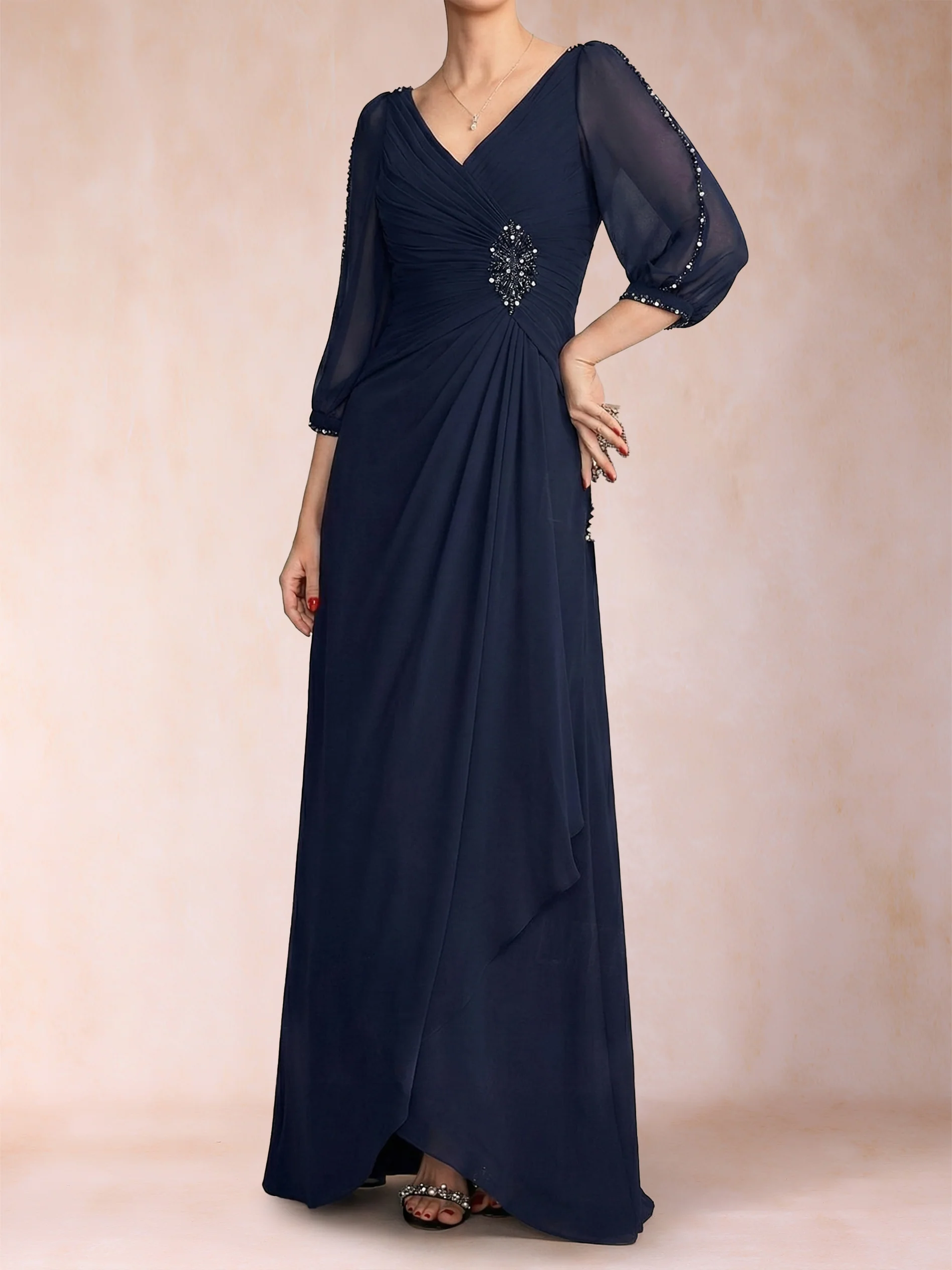 A-Line/Princess V-Neck 3/4 Sleeves Floor-Length Mother of the Bride Dresses with Ruched & Beading - Image 3