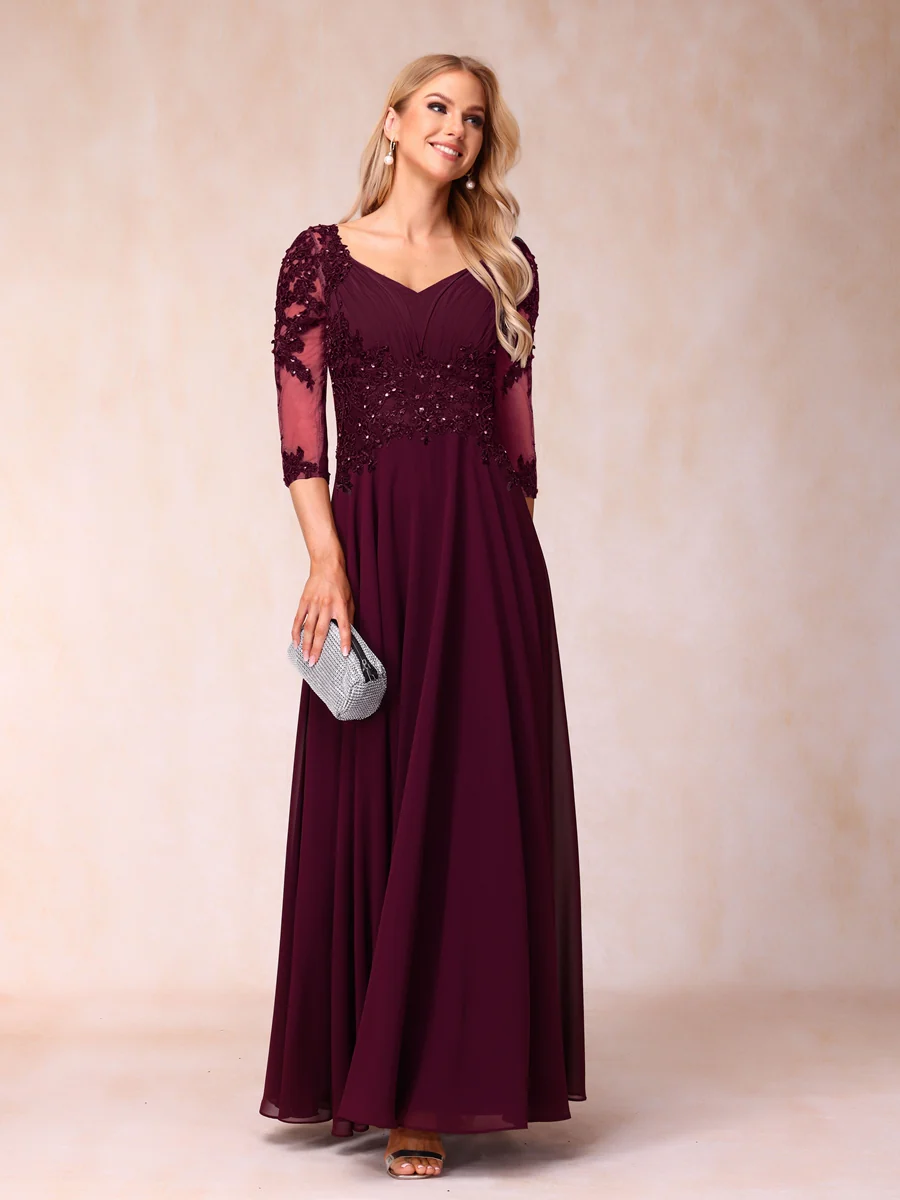 A-Line/Princess V-Neck 3/4 Sleeves Long Formal Evening Dresses with Beading - Image 3