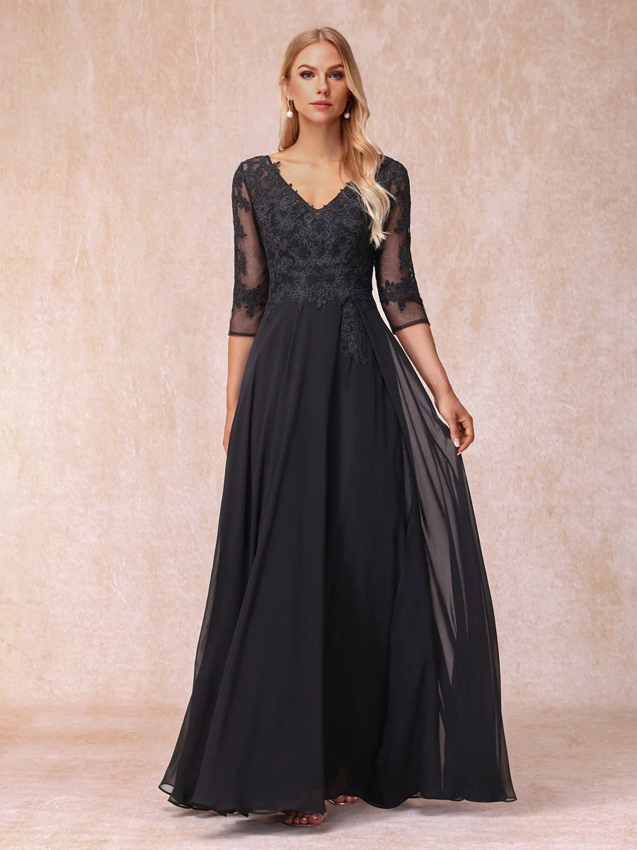 A-Line/Princess V-Neck 3/4 Sleeves Long Formal Evening Dresses with Beading & Appliques - Image 3