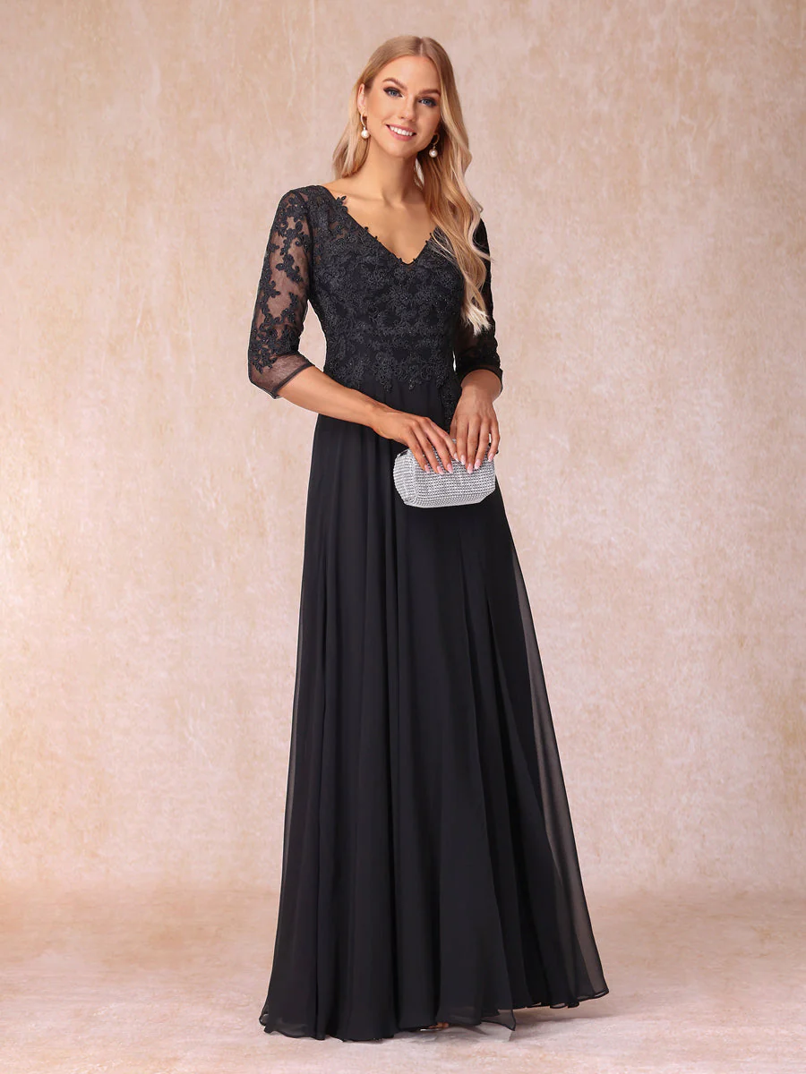 A-Line/Princess V-Neck 3/4 Sleeves Long Formal Evening Dresses with Beading & Appliques - Image 4