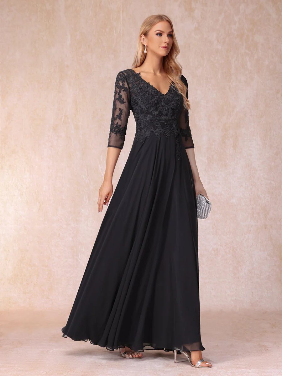 A-Line/Princess V-Neck 3/4 Sleeves Long Formal Evening Dresses with Beading & Appliques - Image 5