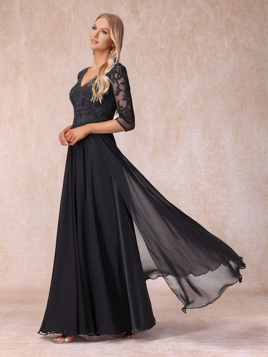 A-Line/Princess V-Neck 3/4 Sleeves Long Formal Evening Dresses with Beading & Appliques - Image 6