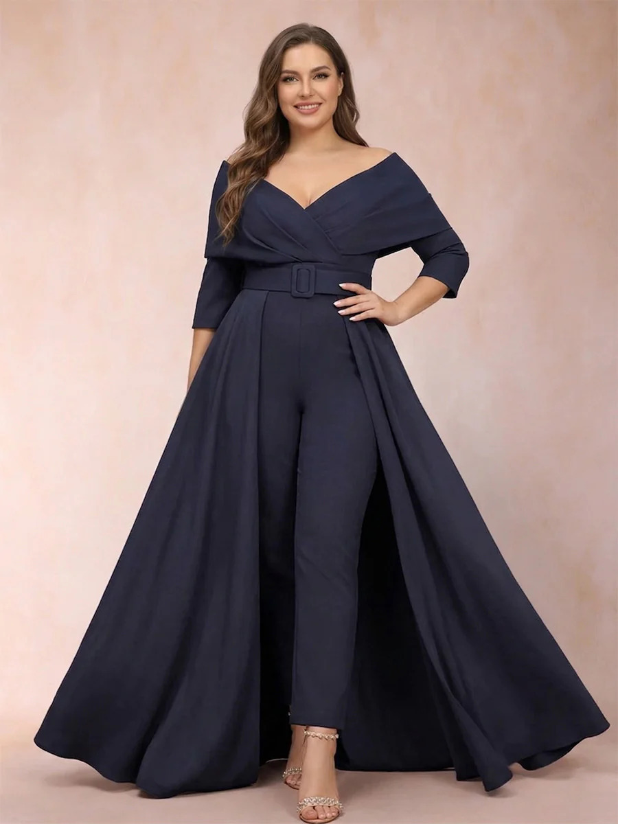 A-Line/Princess V-Neck 3/4 Sleeves Plus Size Jumpsuits with Belt